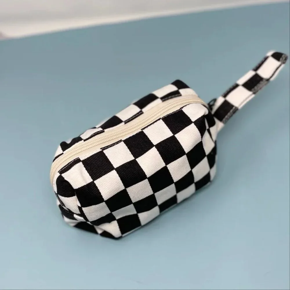 NWT Canvas Zippered Black Checkerboard Makeup Clutch